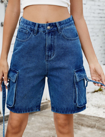Distressed Straight Leg Cargo Denim Shorts