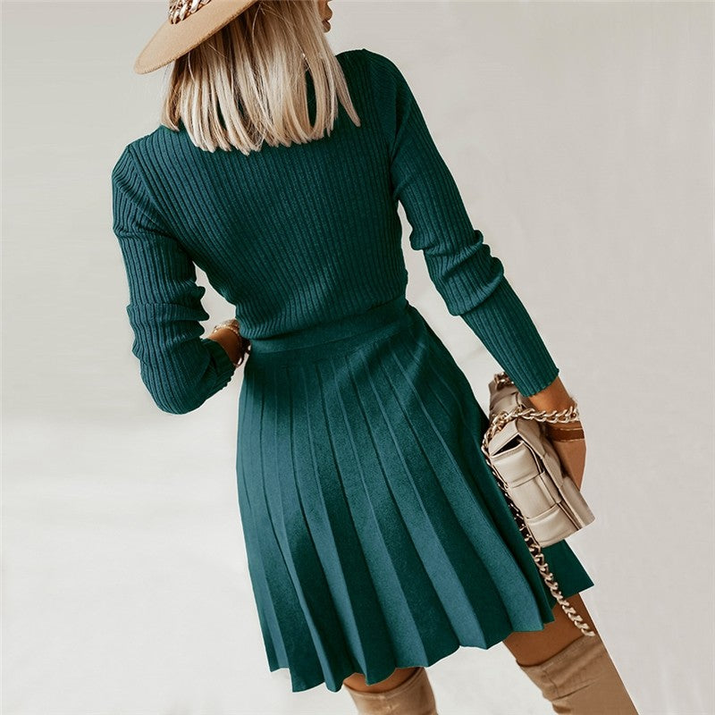 V-Neck Pleated Knitted Short A-Line Dress