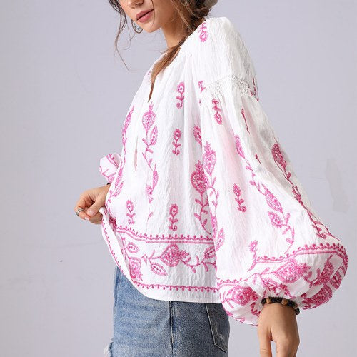 Floral Embroidered Loose Button Shirt