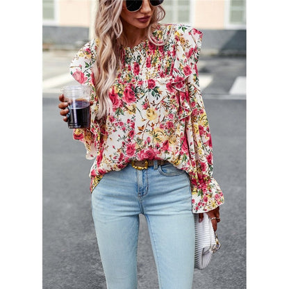 Crewneck Long Sleeves Floral Printed Casual Loose Blouse Top
