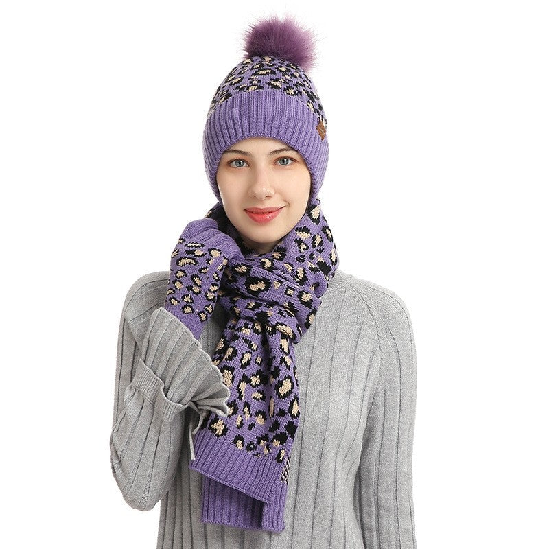 Leopard Print Warm Wool Hat Scarf Gloves Three-Piece Set