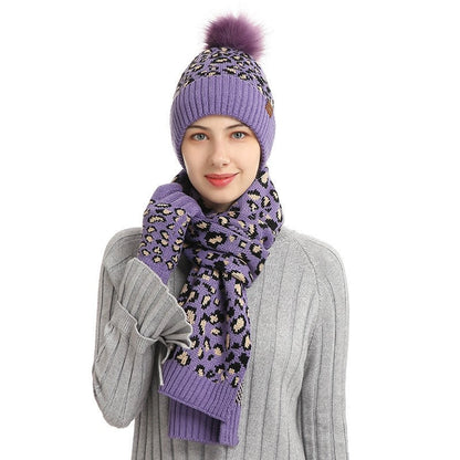 Leopard Print Warm Wool Hat Scarf Gloves Three-Piece Set
