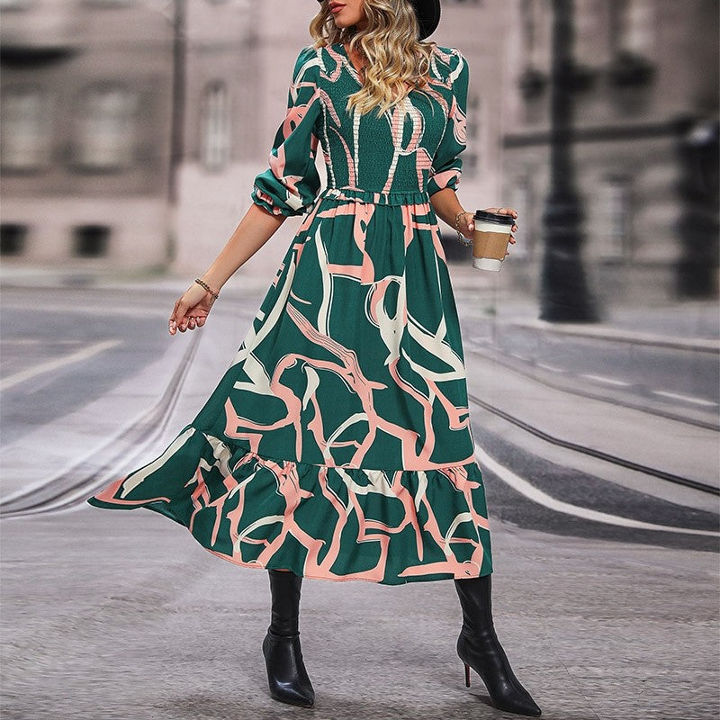 Ruffled V-Neck Printed Long-Sleeved Dress