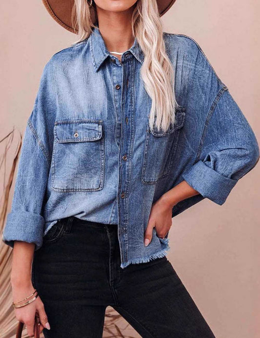 Loose Lapel Collar Long Sleeve Denim Shirt