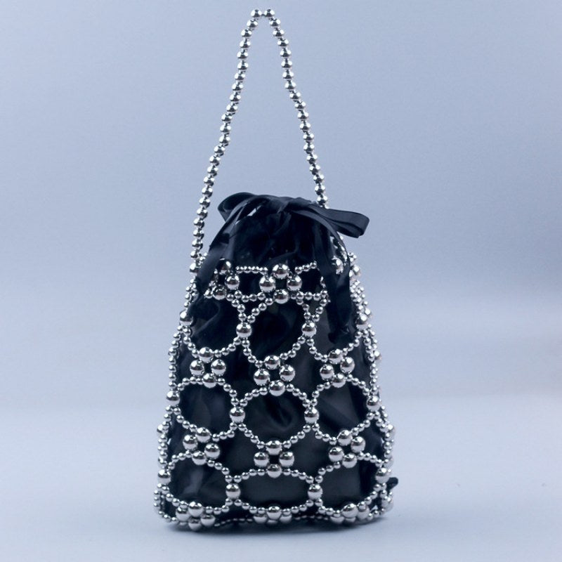 Hollow Solid Color Beads Handbag