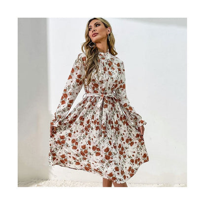Printed Belted Half Turtleneck Dress With Petal Sleeves