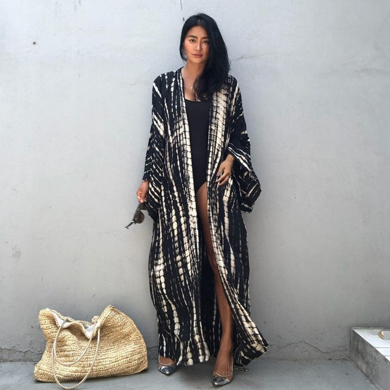 Long Sleeve Printing Waist Tied Casual Loose Long Cardigan Beach Bikini Cover-Up