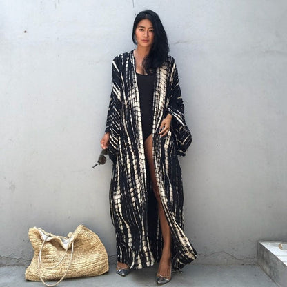 Long Sleeve Printing Waist Tied Casual Loose Long Cardigan Beach Bikini Cover-Up