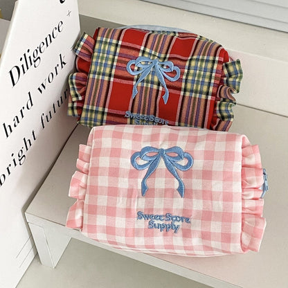 Bow Plaid Flounce Make Up Bag