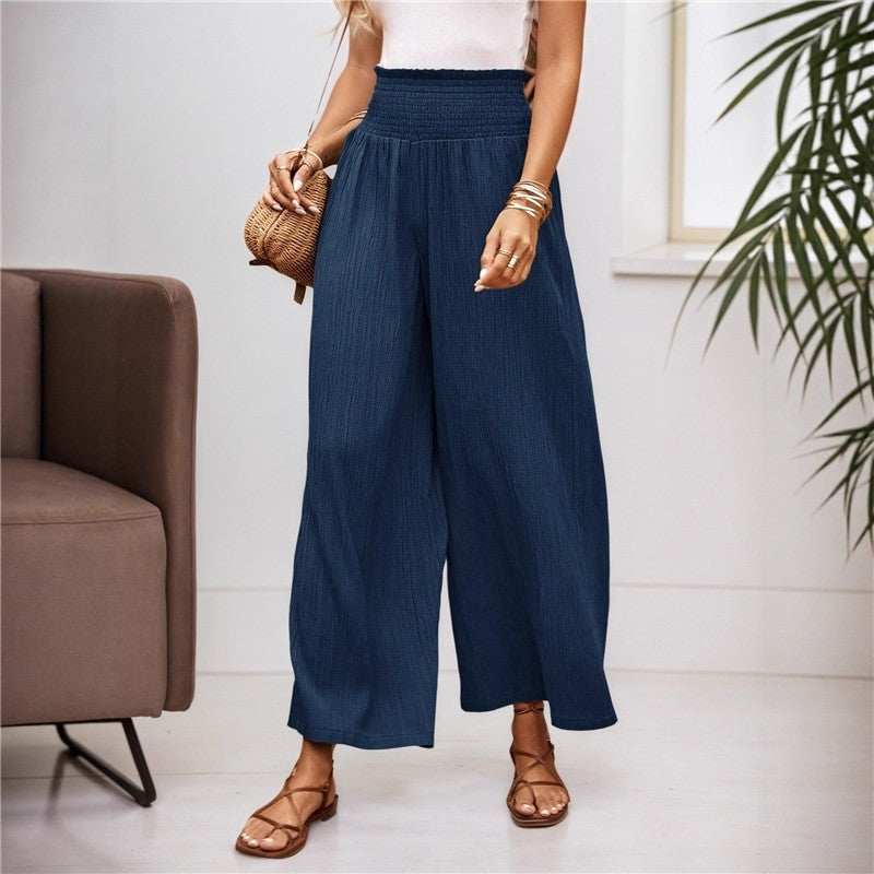 Elastic High Waist Pleated Wide Leg Pants
