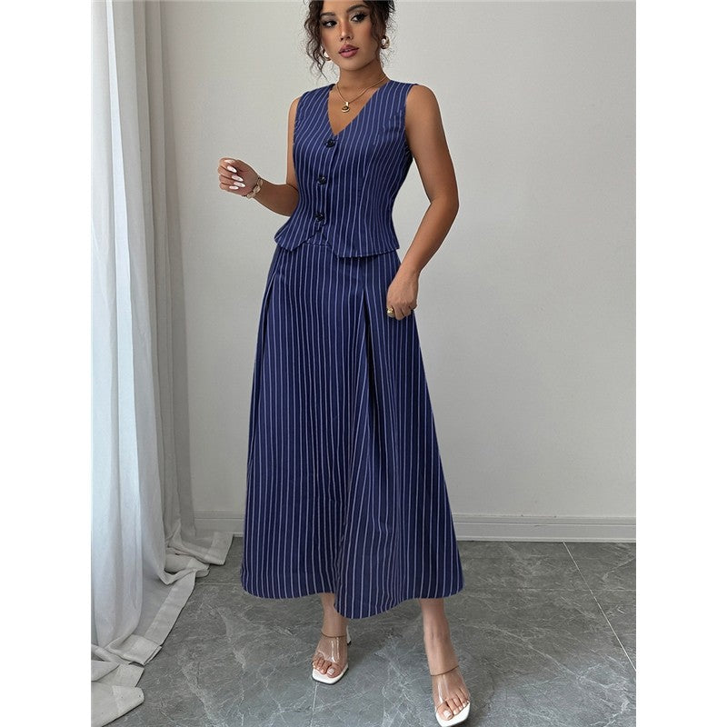 Striped Skirt Vest Two Piece Set