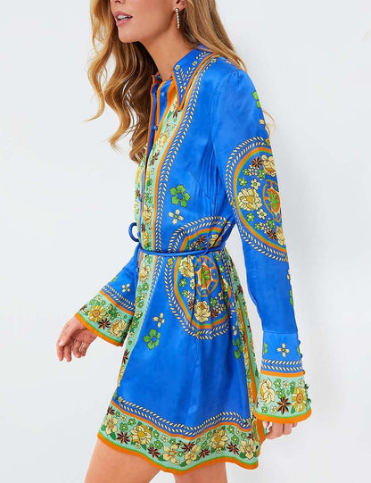 Lapel Floral Buttons Belt MIni Dresses