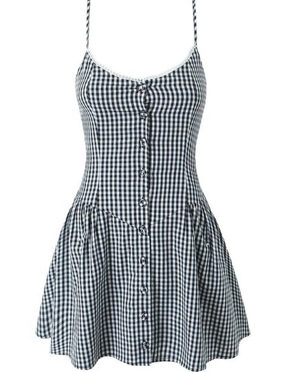 Fashion Plaid Front Button Sleeveless Mini Dresses