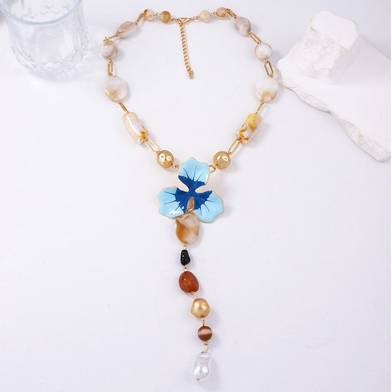 Elegant Enamel Flower Y Shaped Gold Necklace