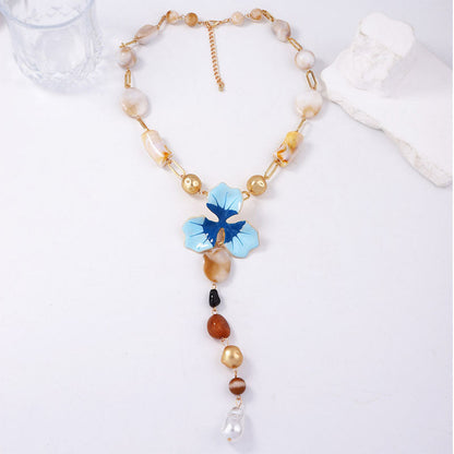 Elegant Enamel Flower Y Shaped Gold Necklace