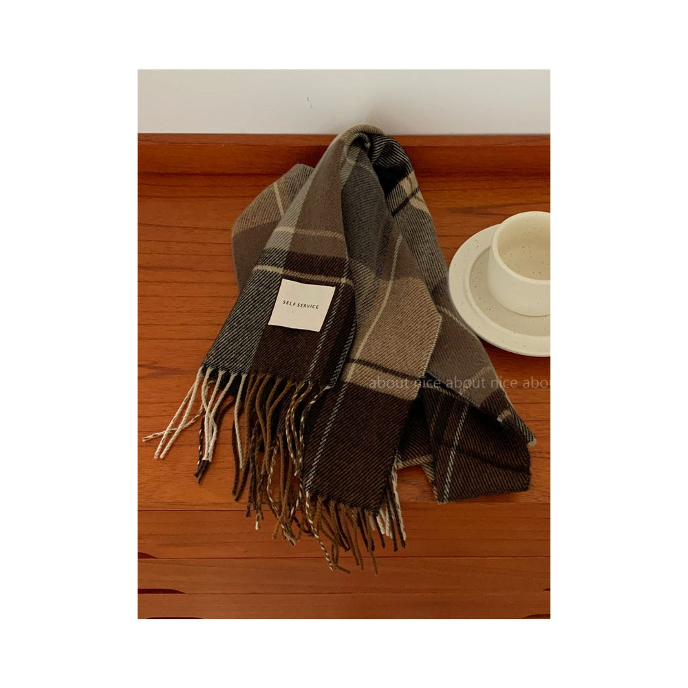 Stylish Plaid Tasseled Split-Joint Simple Scarf