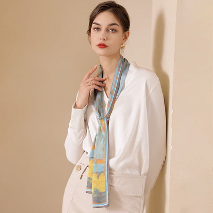 Long Printed Imitation Silk Tied Scarf