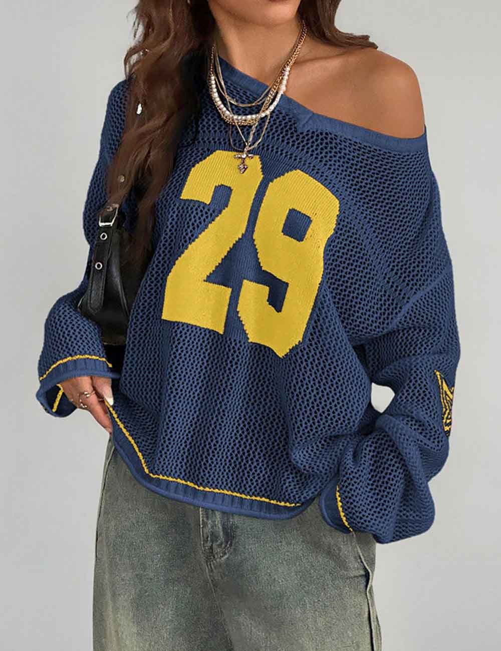 Trendy Number Crochet Hollow Out Knit Sweater