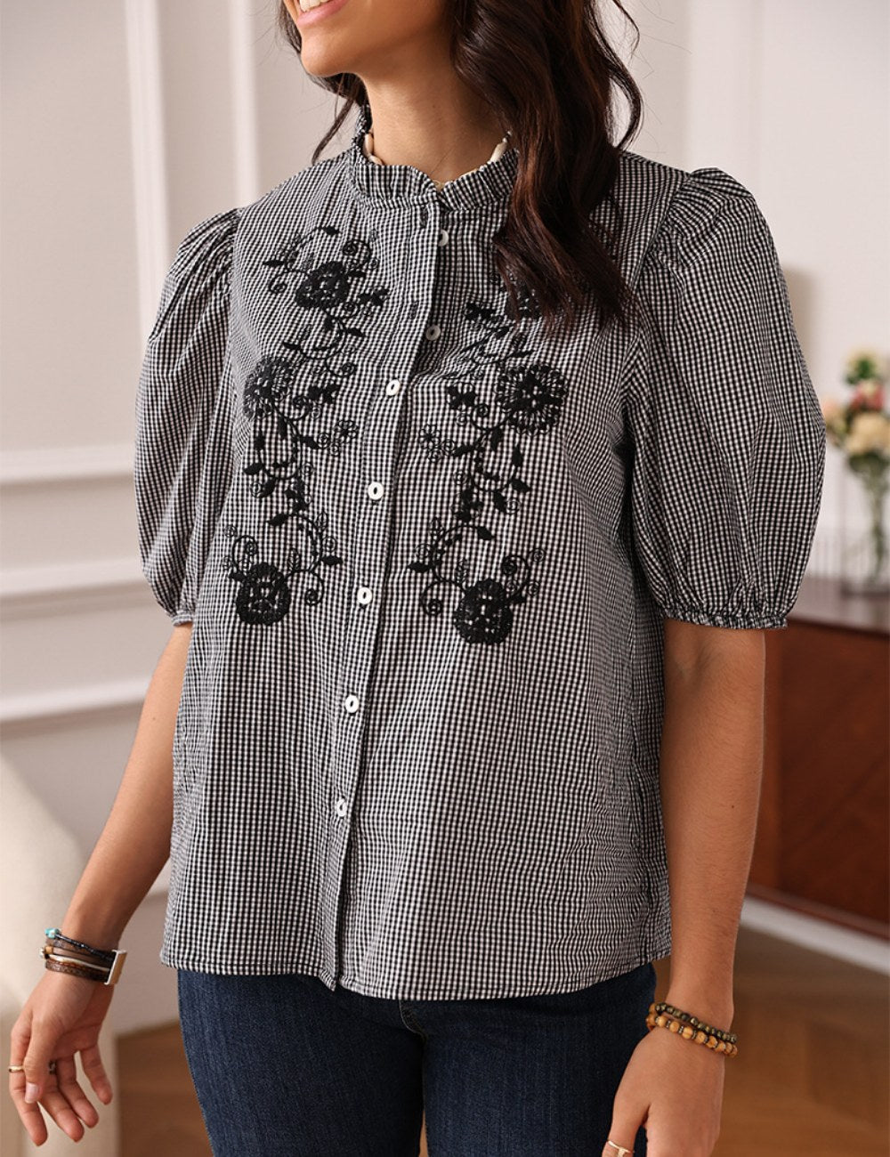 Plaid Floral Embroidered Ruffled  Shirt