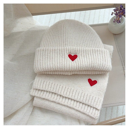 Kids Knit Hat Scarf Set With Heart Embroidery
