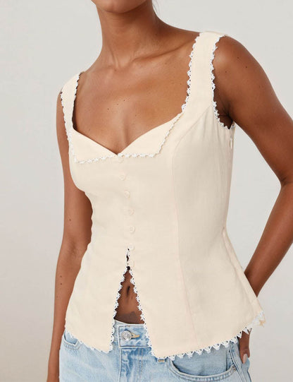 Vintage Lace Trim Button Up Sleeveless Top