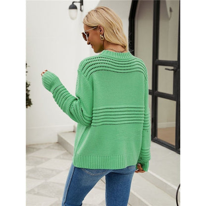 Solid Color Long Sleeve Crewneck Hollow Pullover Knitted Sweater