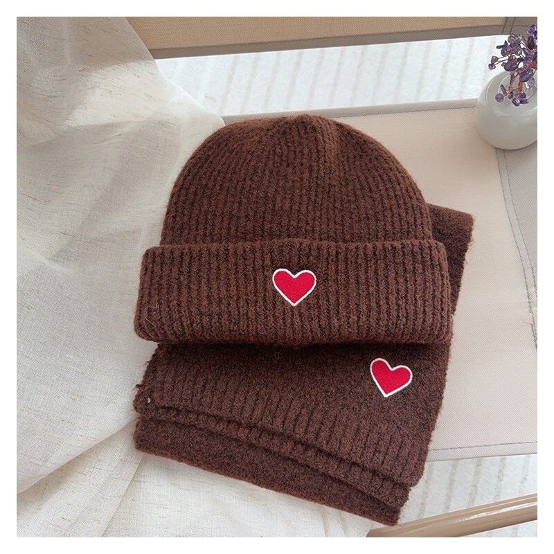 Kids Knit Hat Scarf Set With Heart Embroidery