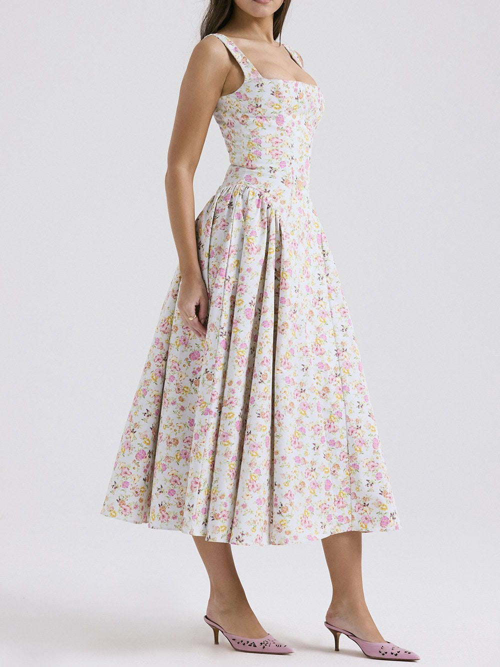 Flower Print Square Collar Spaghetti Dress