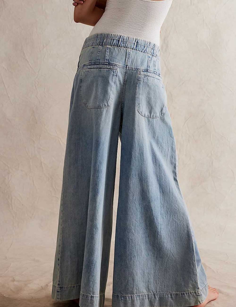 Casual Pleated Mid Waist Wide Leg Jeans