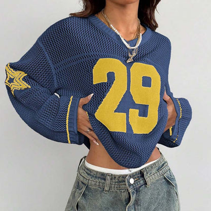 Trendy Number Crochet Hollow Out Knit Sweater