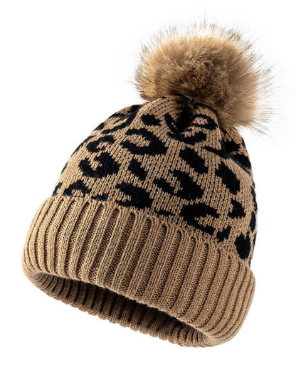 Leopard Print Warm Knit Pom Beanie