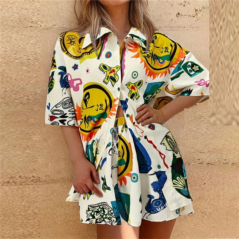 Color Block Shirt Shorts Casual Set