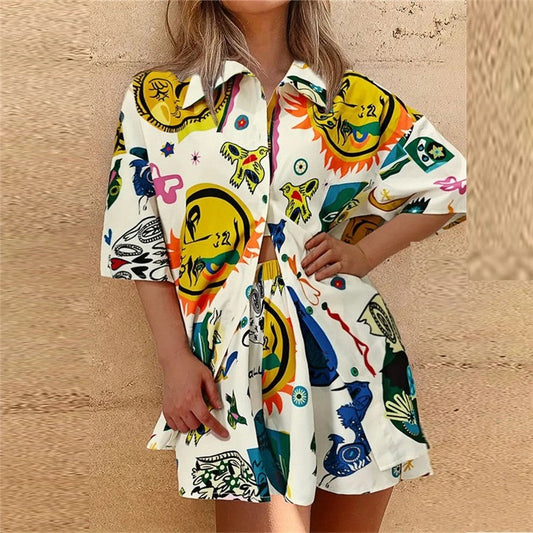 Color Block Shirt Shorts Casual Set