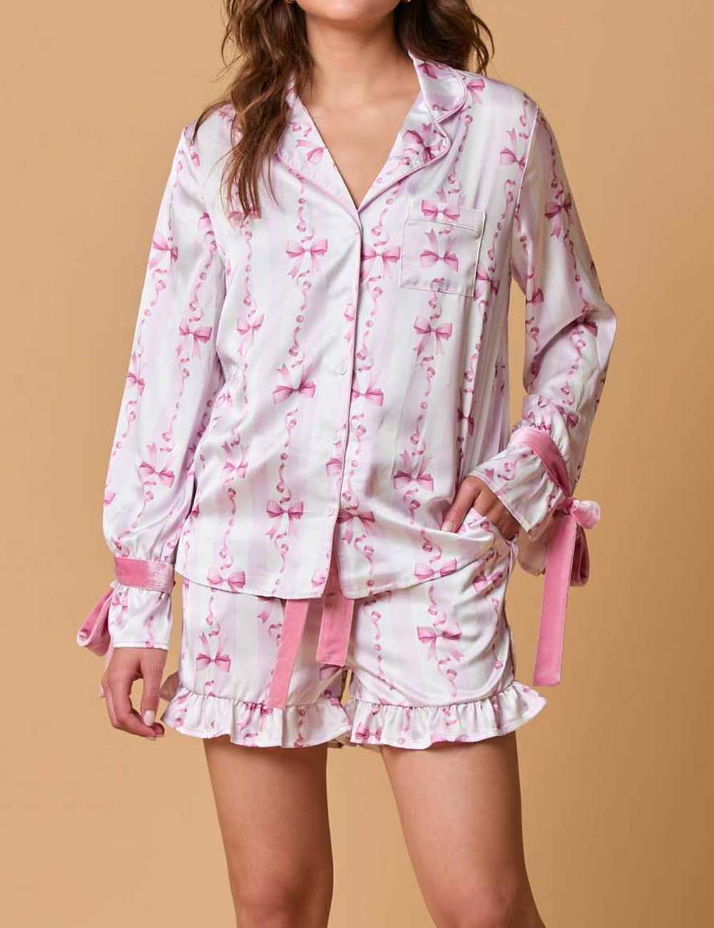 2 Pcs Cute Flower Print Satin Ruffled Pajamas Set