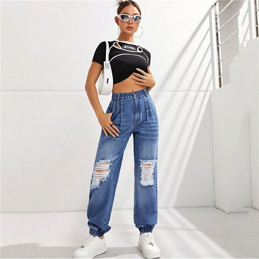 Casual High-Waist Slimming Loose Ripped Ripped Jeans