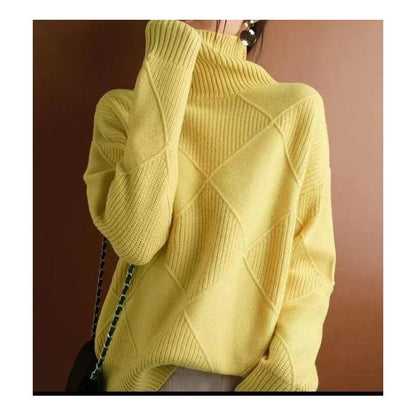Fashion High Neck Diamond Texture Solid Color Pullover