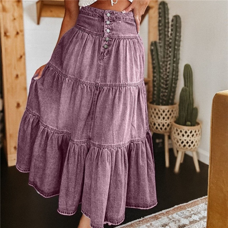 A-Line Denim Skirt With Flounce Hem