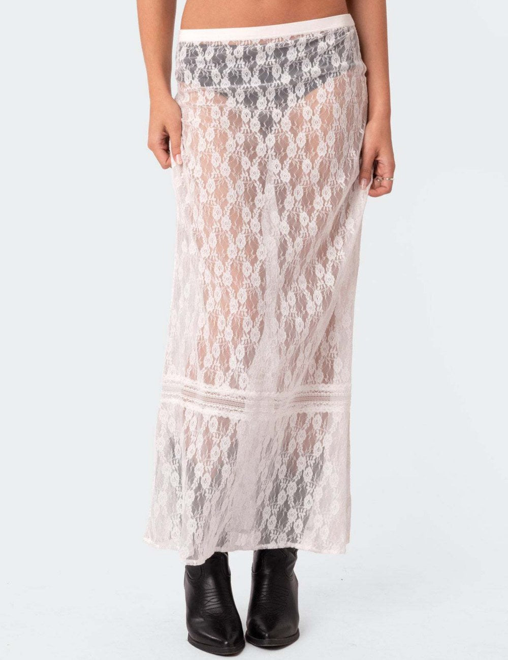 Trendy Sheer Lace Hollow-Out Maxi Skirt