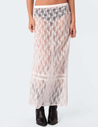 Trendy Sheer Lace Hollow-Out Maxi Skirt