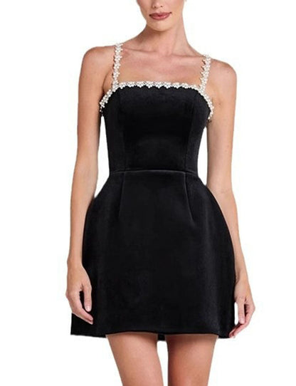Pearl Spaghetti Velvet A-Line Mini Dress