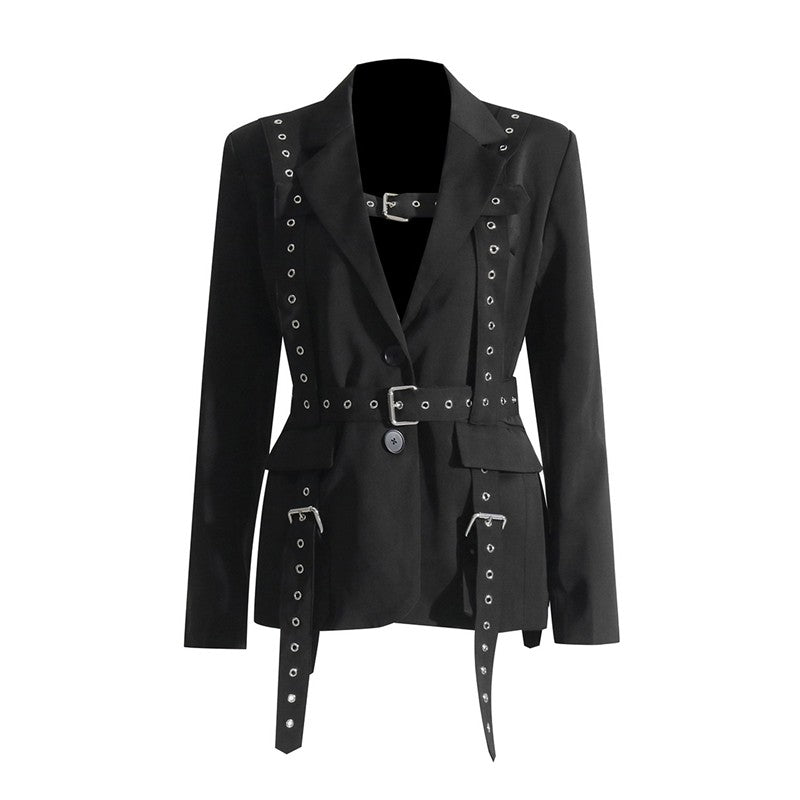 Long Sleeve Lapel Buttoned Rivets Belted Blazer Outerwear