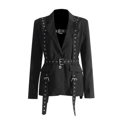 Long Sleeve Lapel Buttoned Rivets Belted Blazer Outerwear