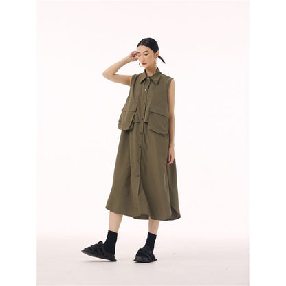 Polo Collar Vest Dress With Large Pocket