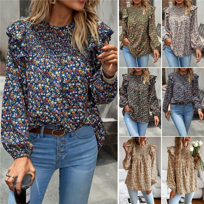 Crewneck Long Sleeves Floral Printed Casual Loose Blouse