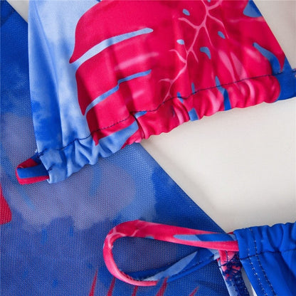 Split 4-Piece Long Sleeve Printed Tie-Up Bikini Swimsuit