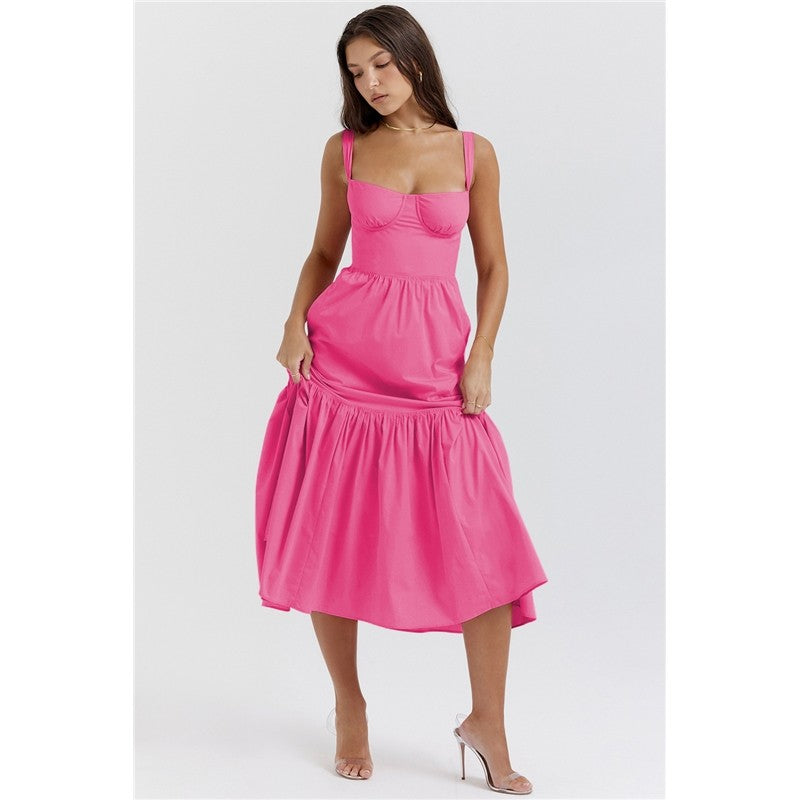 High Waisted A-Line Floral Printed Condole Belt Cake Dress