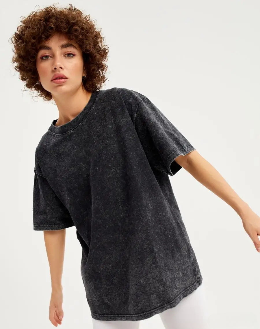Washed Distressed Loose Short Sleeves Top