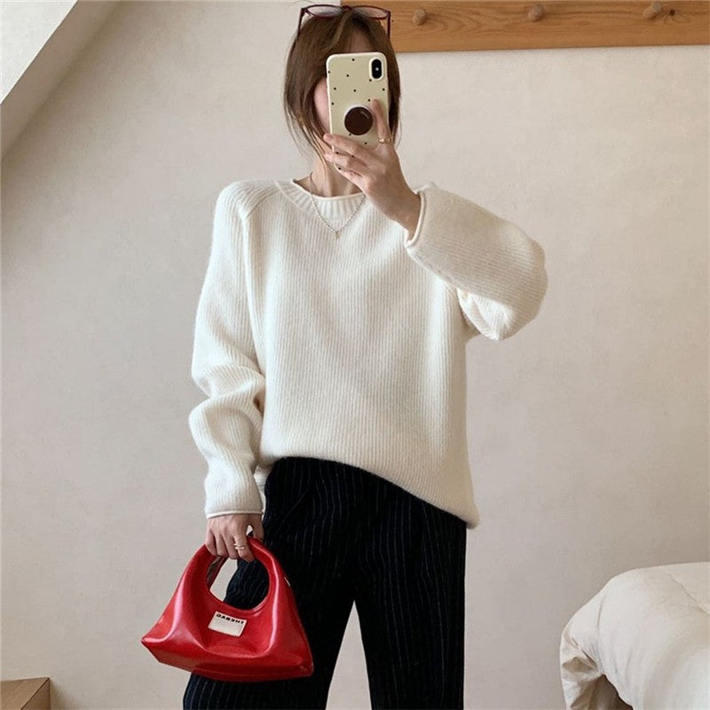 Rolled Edge Round Neck Pullover Sweater Women's Soft Loose Fit Knit Top