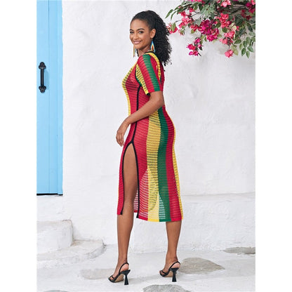 Short-Sleeve Round-Neck Knit Striped Split-Side Cover-Up
