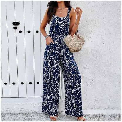 Contrast Color Printing Sleeveless Wide Leg Jumpsuits